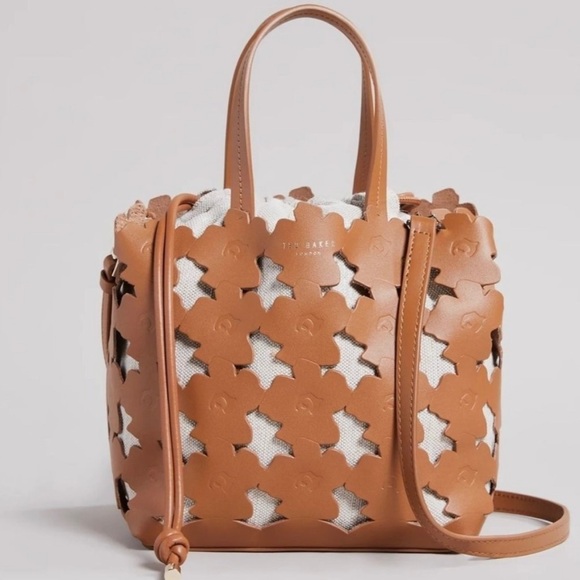 Ted Baker Handbags - Ted Baker Tan Leather Floral Cutout Crossbody with White Canvas